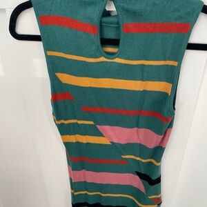 BCBGMAXAZRIA Mock Neck Top-Small- Green w/ multicolored stripes-button closure